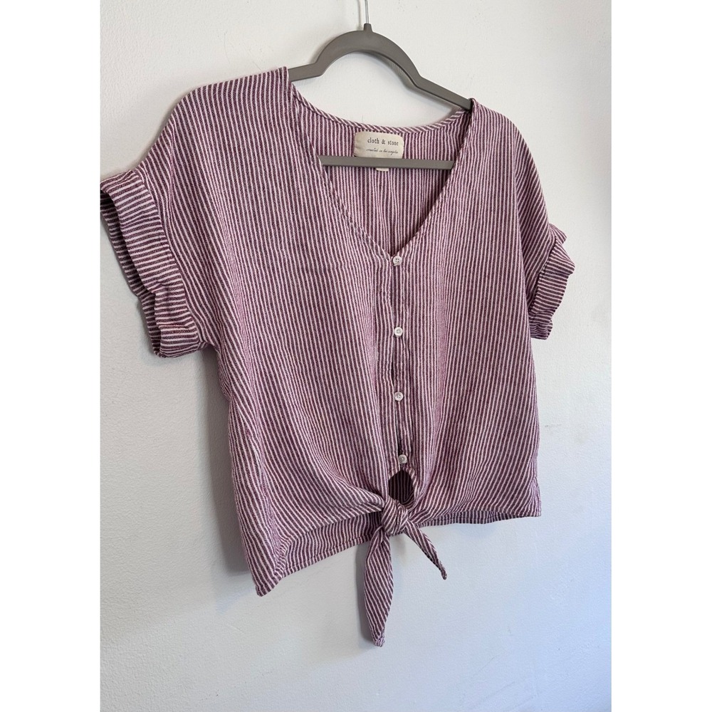 Cloth & Stone Striped Linen Blend Tie Front Button Down Beach Minimalist Boho - Picture 2 of 5